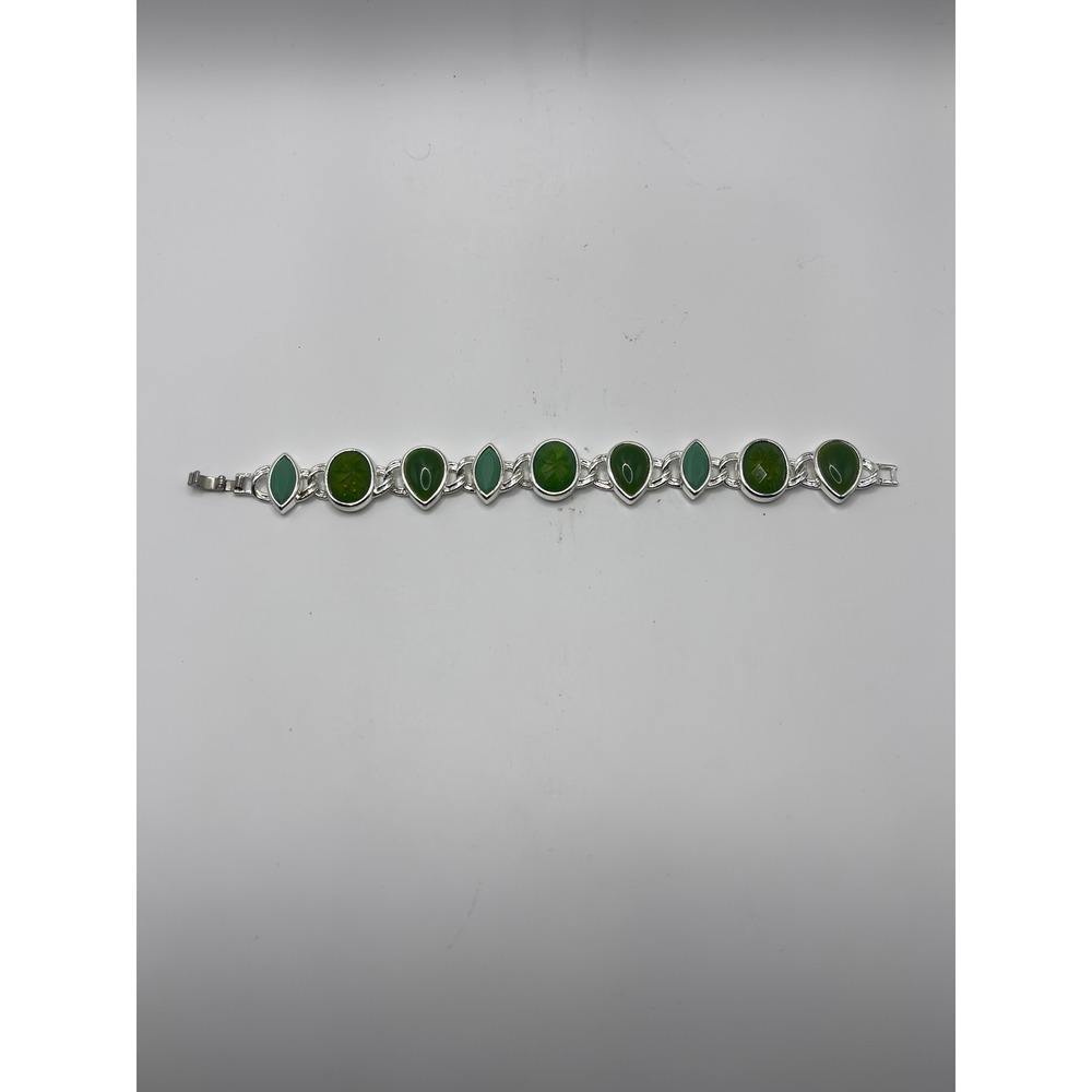 Apt. 9 Silver Tone Green Stone Link Bracelet Teardrop Marquise Oval Cabochon 7in